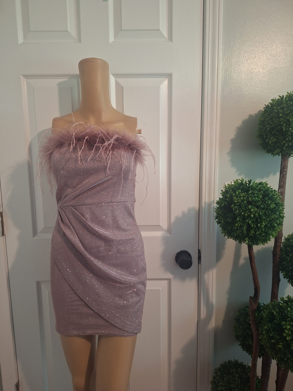 Strapless Feather Trim Sparkle Bodycon Dress in Mauve